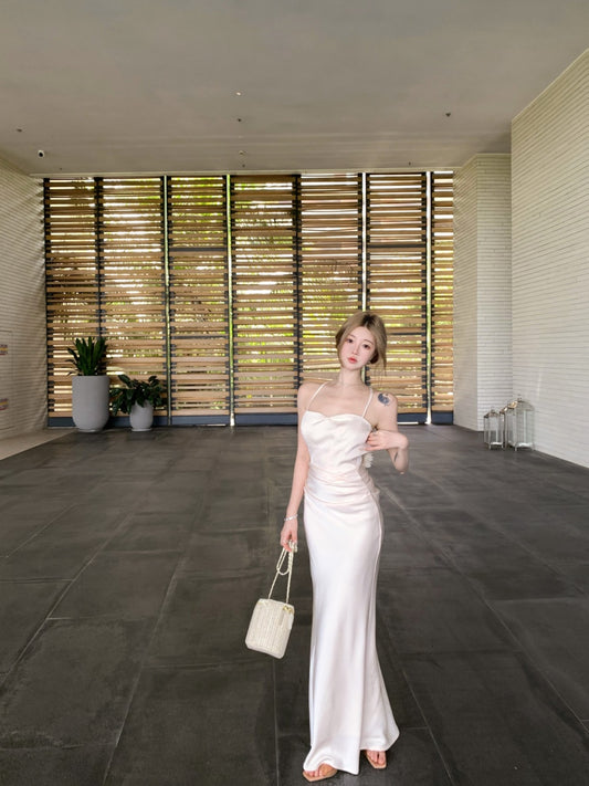 Sweet Spaghetti Strap Sheath Crisscross Back Maxi Dress Trendy 3D Floral Trimmed Sheen Fabric Long Dress AP3344