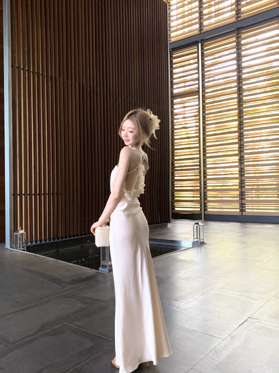 Sweet Spaghetti Strap Sheath Crisscross Back Maxi Dress Trendy 3D Floral Trimmed Sheen Fabric Long Dress AP3344