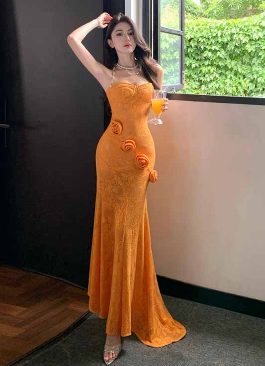 Cute Strapless Mermaid 3D Flowers Maxi Dresses Flattering Textured Fabric Asymmetric Hem Long Dress AP3345