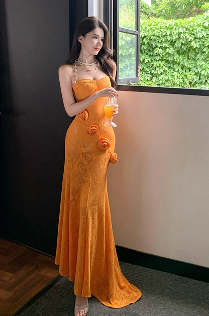 Cute Strapless Mermaid 3D Flowers Maxi Dresses Flattering Textured Fabric Asymmetric Hem Long Dress AP3345