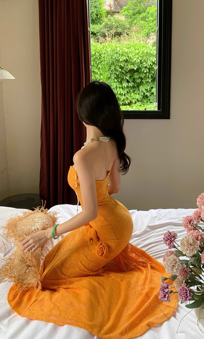 Cute Strapless Mermaid 3D Flowers Maxi Dresses Flattering Textured Fabric Asymmetric Hem Long Dress AP3345