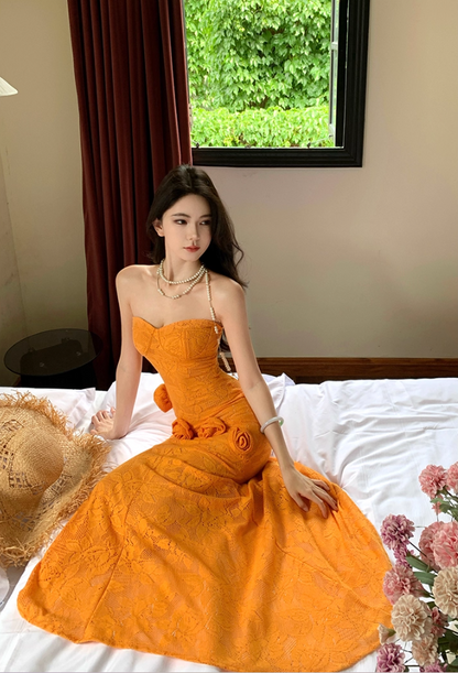 Cute Strapless Mermaid 3D Flowers Maxi Dresses Flattering Textured Fabric Asymmetric Hem Long Dress AP3345