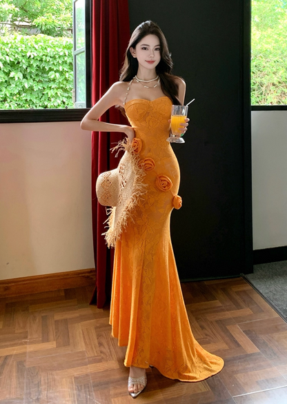 Cute Strapless Mermaid 3D Flowers Maxi Dresses Flattering Textured Fabric Asymmetric Hem Long Dress AP3345