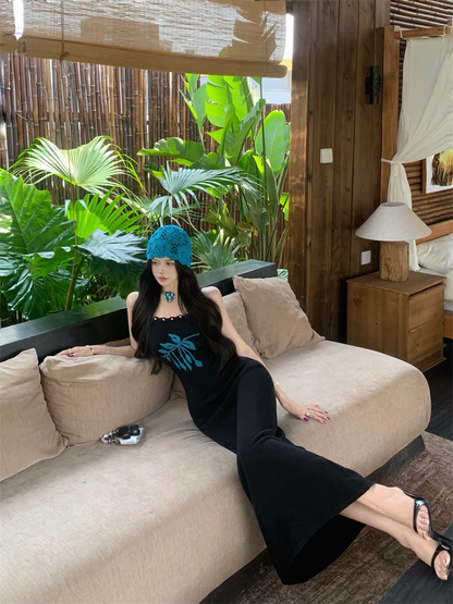 New Black Spaghetti Strap Sheath Maxi Dress Vintage Knitted Flower Beads Long Dress AP3346