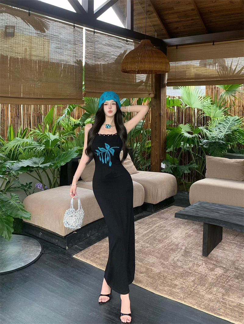 New Black Spaghetti Strap Sheath Maxi Dress Vintage Knitted Flower Beads Long Dress AP3346