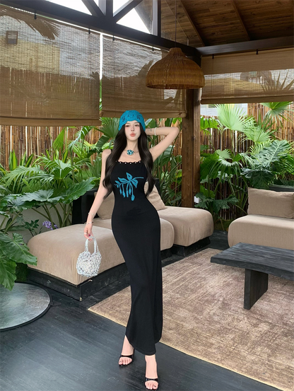 New Black Spaghetti Strap Sheath Maxi Dress Vintage Knitted Flower Beads Long Dress AP3346