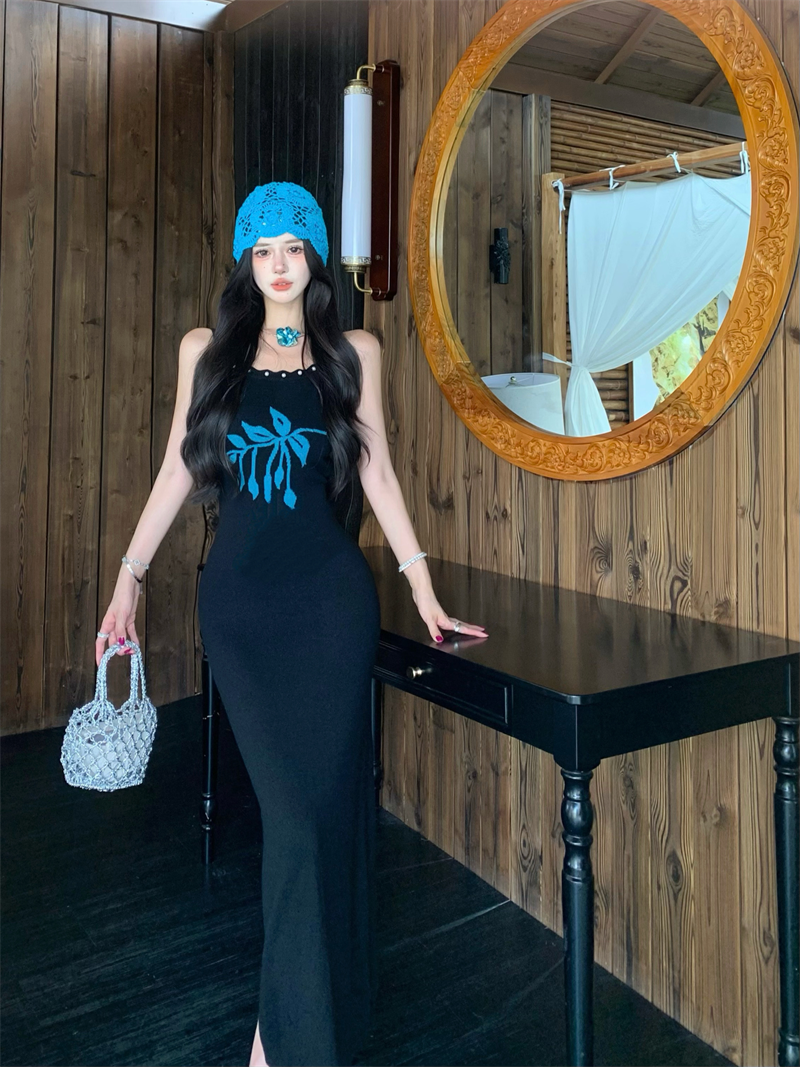 New Black Spaghetti Strap Sheath Maxi Dress Vintage Knitted Flower Beads Long Dress AP3346