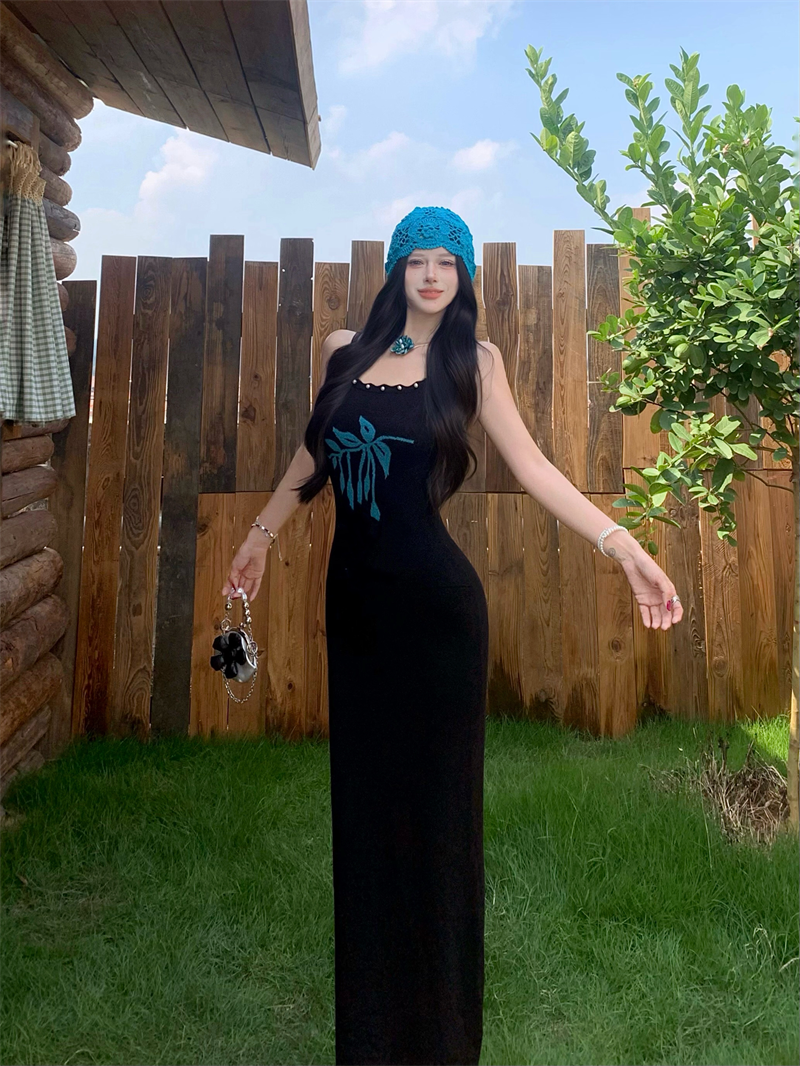 New Black Spaghetti Strap Sheath Maxi Dress Vintage Knitted Flower Beads Long Dress AP3346