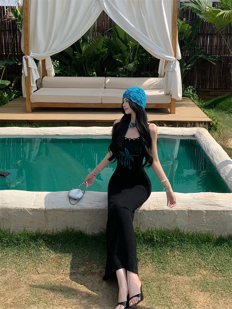 New Black Spaghetti Strap Sheath Maxi Dress Vintage Knitted Flower Beads Long Dress AP3346