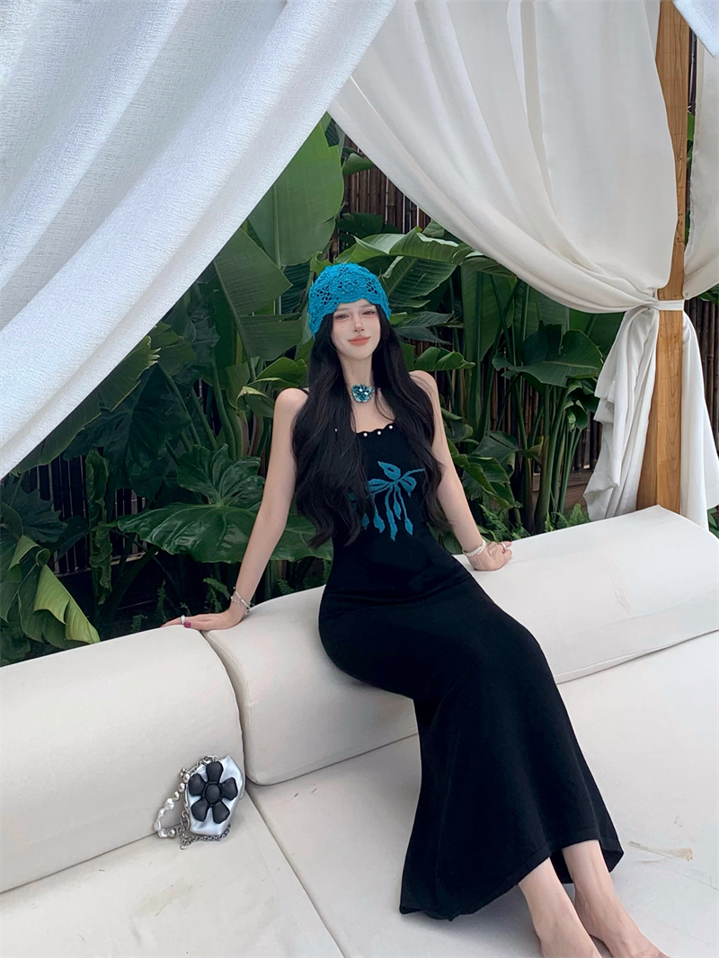 New Black Spaghetti Strap Sheath Maxi Dress Vintage Knitted Flower Beads Long Dress AP3346