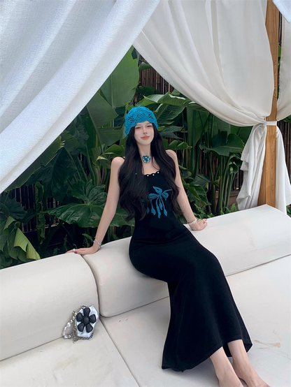 New Black Spaghetti Strap Sheath Maxi Dress Vintage Knitted Flower Beads Long Dress AP3346
