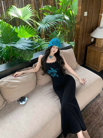 New Black Spaghetti Strap Sheath Maxi Dress Vintage Knitted Flower Beads Long Dress AP3346