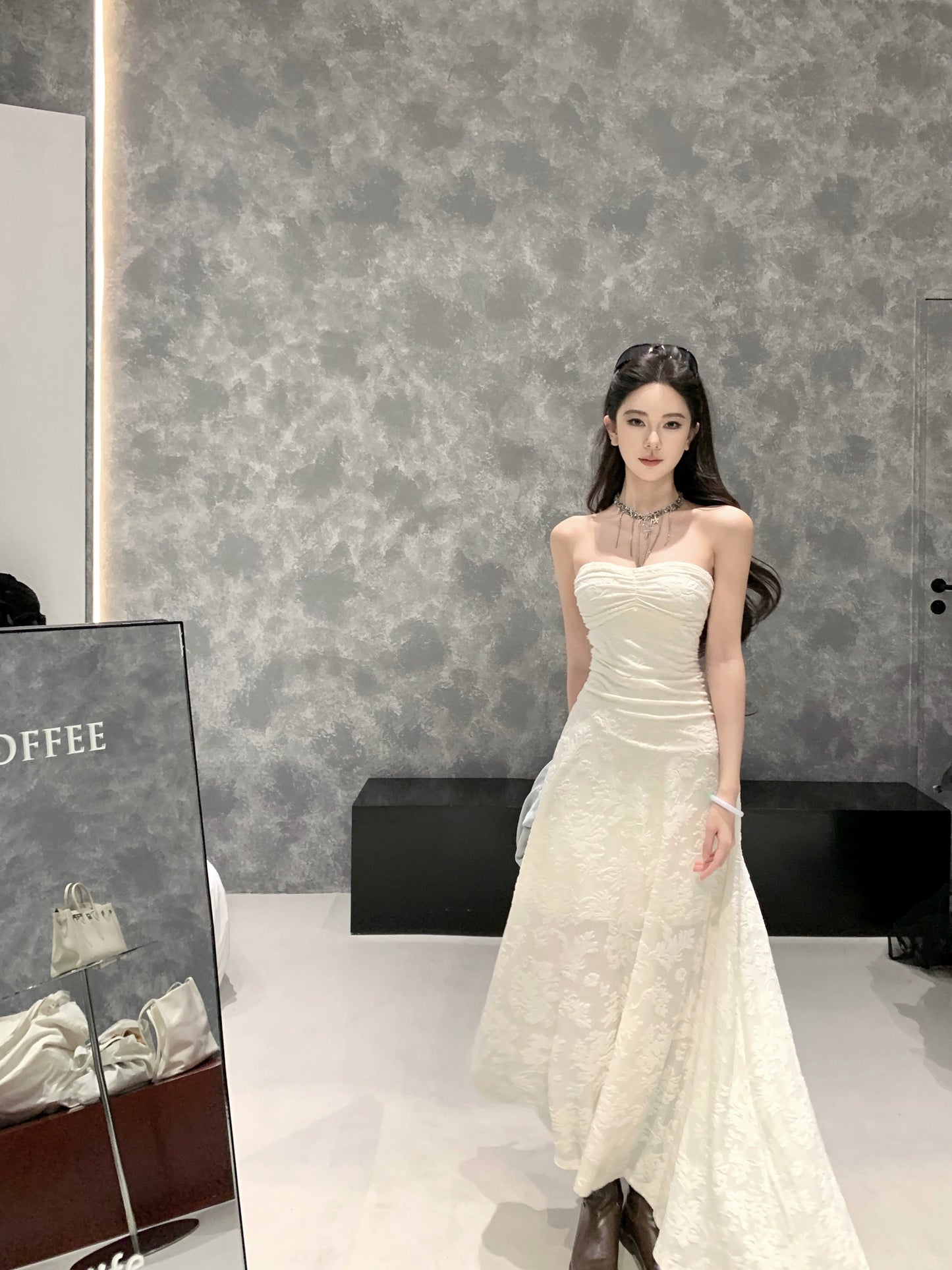 Artistic Strapless A-Line White Maxi Dresses Fitted Jacquard Asymmetric Hem Hottie Long Dress AP3347