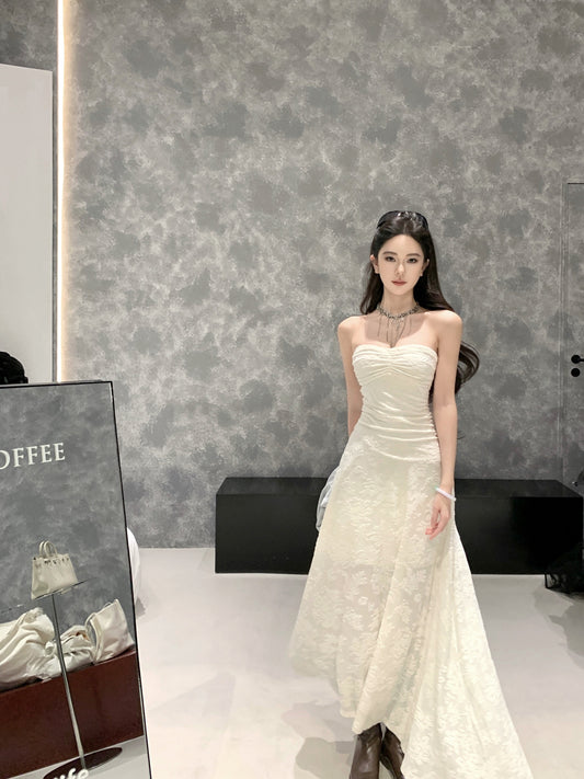 Artistic Strapless A-Line White Maxi Dresses Fitted Jacquard Asymmetric Hem Hottie Long Dress AP3347