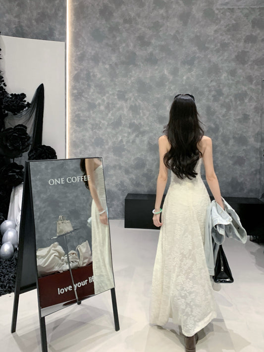 Artistic Strapless A-Line White Maxi Dresses Fitted Jacquard Asymmetric Hem Hottie Long Dress AP3347