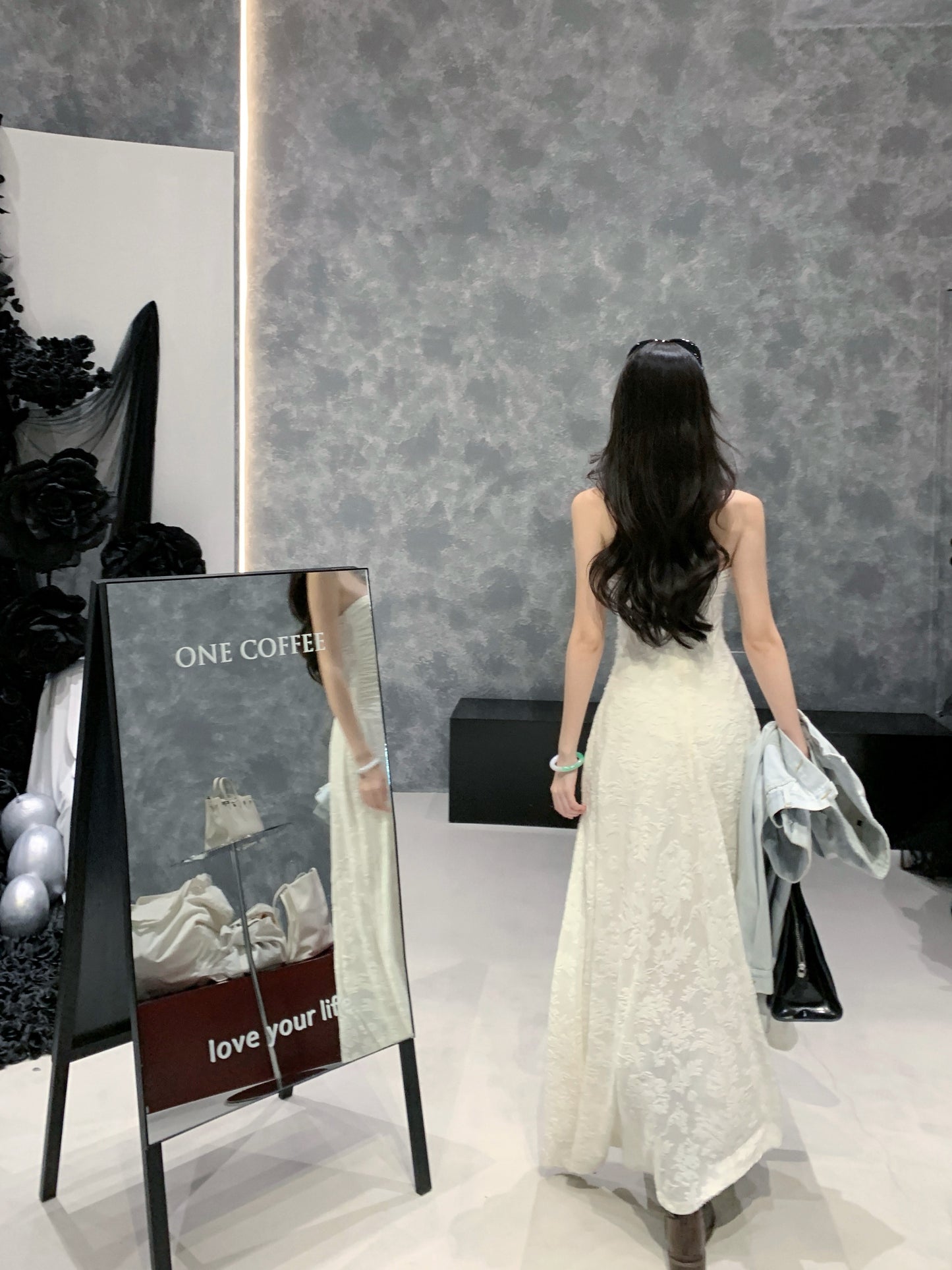 Artistic Strapless A-Line White Maxi Dresses Fitted Jacquard Asymmetric Hem Hottie Long Dress AP3347