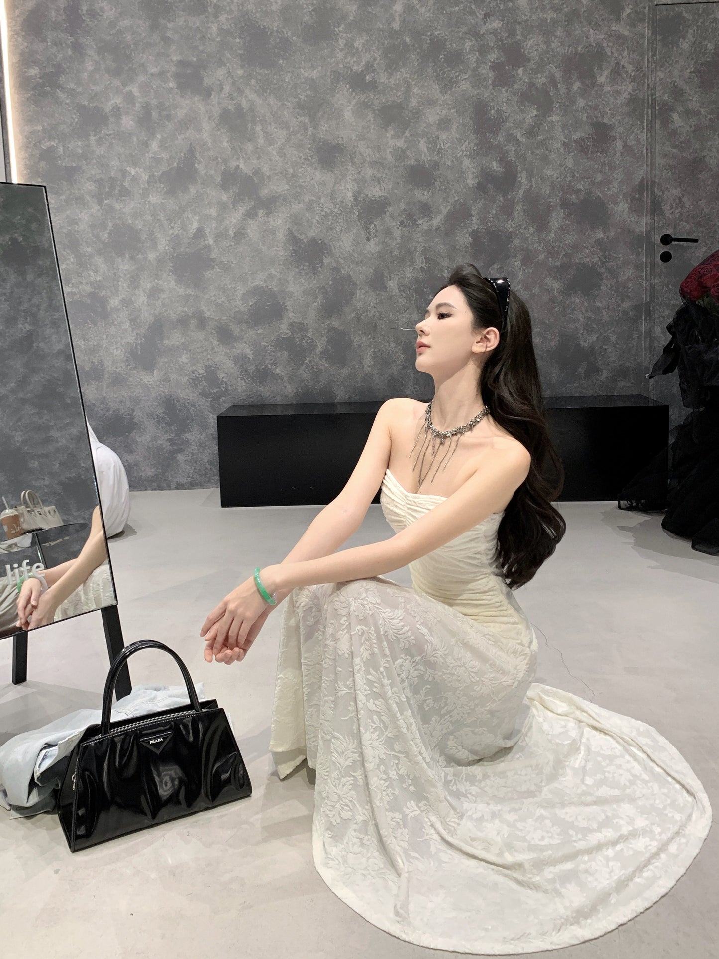 Artistic Strapless A-Line White Maxi Dresses Fitted Jacquard Asymmetric Hem Hottie Long Dress AP3347