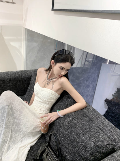 Artistic Strapless A-Line White Maxi Dresses Fitted Jacquard Asymmetric Hem Hottie Long Dress AP3347