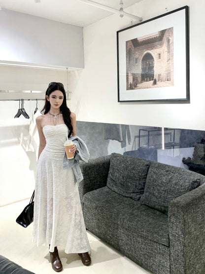 Artistic Strapless A-Line White Maxi Dresses Fitted Jacquard Asymmetric Hem Hottie Long Dress AP3347