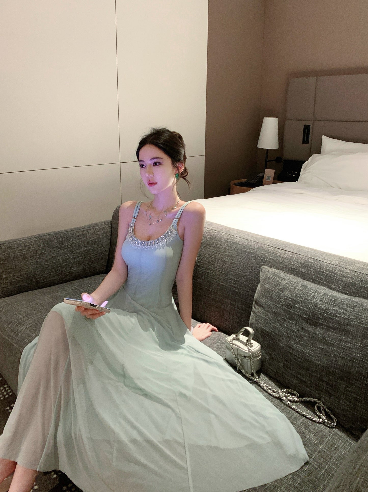 Dreamy Spaghetti Strap A-Line Crystals Accent Maxi Dress Stylish Cinched Waist Long Dress AP3348