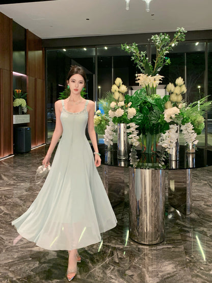 Dreamy Spaghetti Strap A-Line Crystals Accent Maxi Dress Stylish Cinched Waist Long Dress AP3348