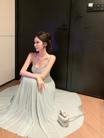 Dreamy Spaghetti Strap A-Line Crystals Accent Maxi Dress Stylish Cinched Waist Long Dress AP3348