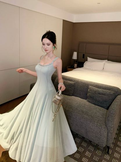 Dreamy Spaghetti Strap A-Line Crystals Accent Maxi Dress Stylish Cinched Waist Long Dress AP3348