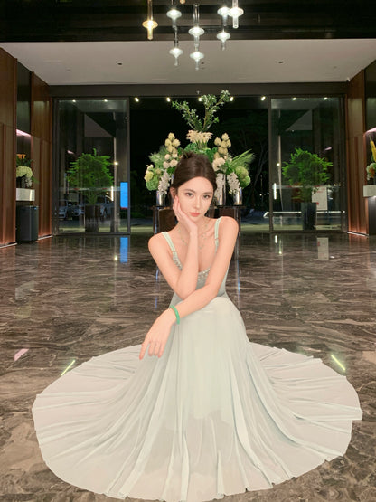 Dreamy Spaghetti Strap A-Line Crystals Accent Maxi Dress Stylish Cinched Waist Long Dress AP3348