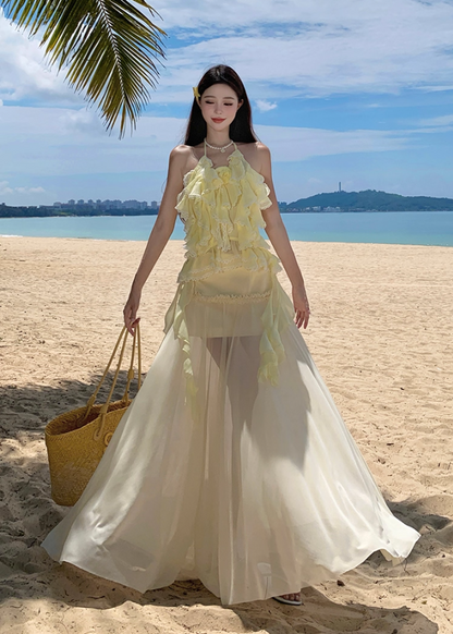 Ethereal A-Line Halter Neck Ruffles Maxi Dress Playful Tulle Splicing Flowy Backless Long Dress AP3349