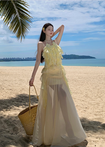 Ethereal A-Line Halter Neck Ruffles Maxi Dress Playful Tulle Splicing Flowy Backless Long Dress AP3349