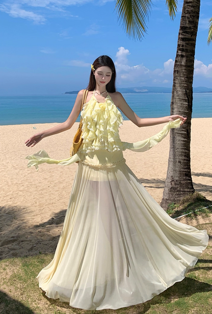 Ethereal A-Line Halter Neck Ruffles Maxi Dress Playful Tulle Splicing Flowy Backless Long Dress AP3349