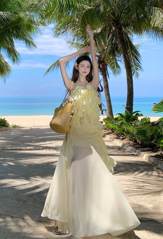 Ethereal A-Line Halter Neck Ruffles Maxi Dress Playful Tulle Splicing Flowy Backless Long Dress AP3349