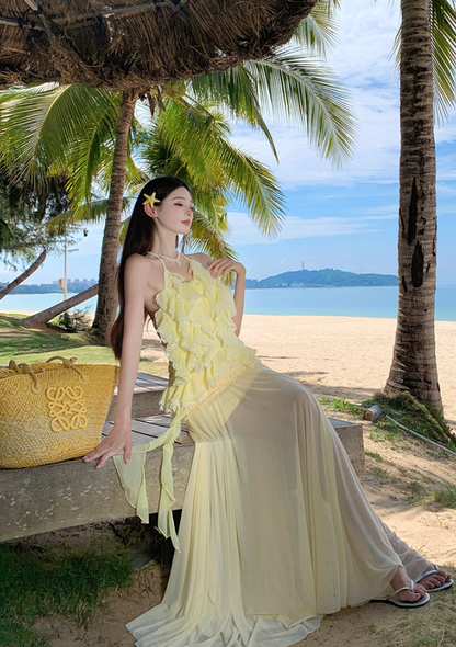 Ethereal A-Line Halter Neck Ruffles Maxi Dress Playful Tulle Splicing Flowy Backless Long Dress AP3349