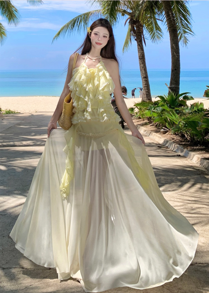 Ethereal A-Line Halter Neck Ruffles Maxi Dress Playful Tulle Splicing Flowy Backless Long Dress AP3349