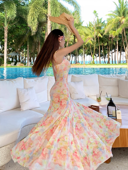 Alluring Spaghetti Strap Mermaid Maxi Dress Adorable Print Flowy 3D Flowers Accent Long Dress AP3350