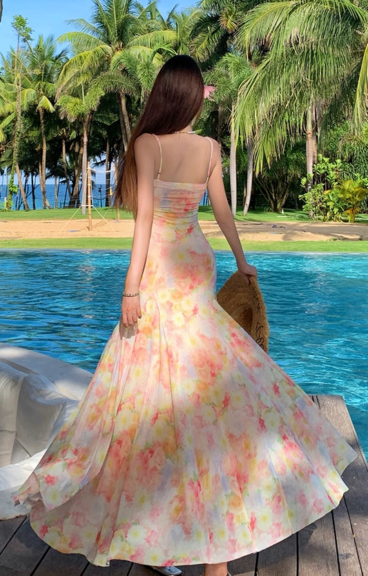 Alluring Spaghetti Strap Mermaid Maxi Dress Adorable Print Flowy 3D Flowers Accent Long Dress AP3350