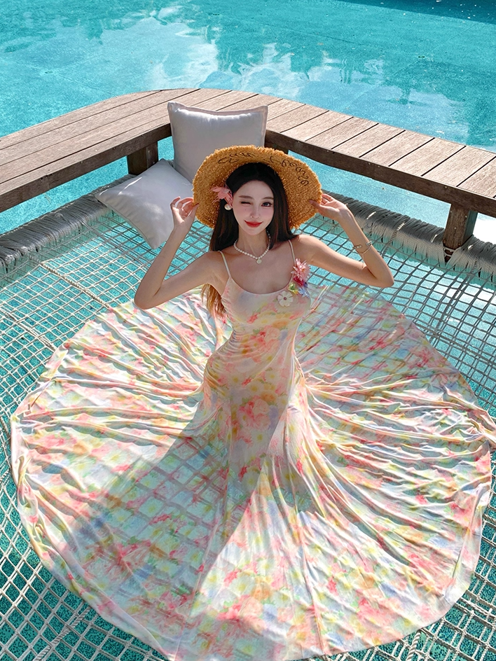 Alluring Spaghetti Strap Mermaid Maxi Dress Adorable Print Flowy 3D Flowers Accent Long Dress AP3350