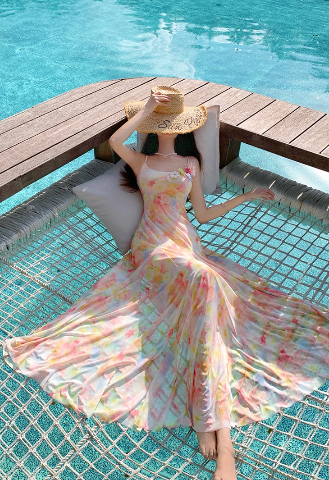 Alluring Spaghetti Strap Mermaid Maxi Dress Adorable Print Flowy 3D Flowers Accent Long Dress AP3350