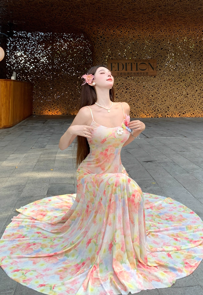 Alluring Spaghetti Strap Mermaid Maxi Dress Adorable Print Flowy 3D Flowers Accent Long Dress AP3350