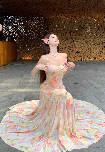 Alluring Spaghetti Strap Mermaid Maxi Dress Adorable Print Flowy 3D Flowers Accent Long Dress AP3350