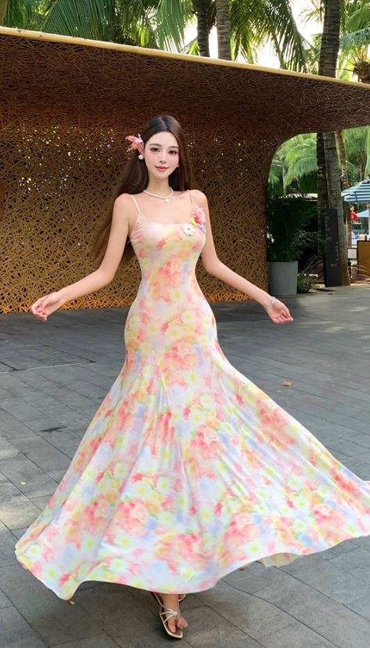 Alluring Spaghetti Strap Mermaid Maxi Dress Adorable Print Flowy 3D Flowers Accent Long Dress AP3350