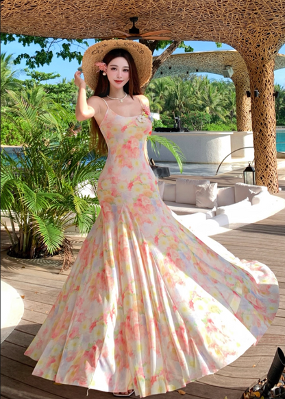 Alluring Spaghetti Strap Mermaid Maxi Dress Adorable Print Flowy 3D Flowers Accent Long Dress AP3350