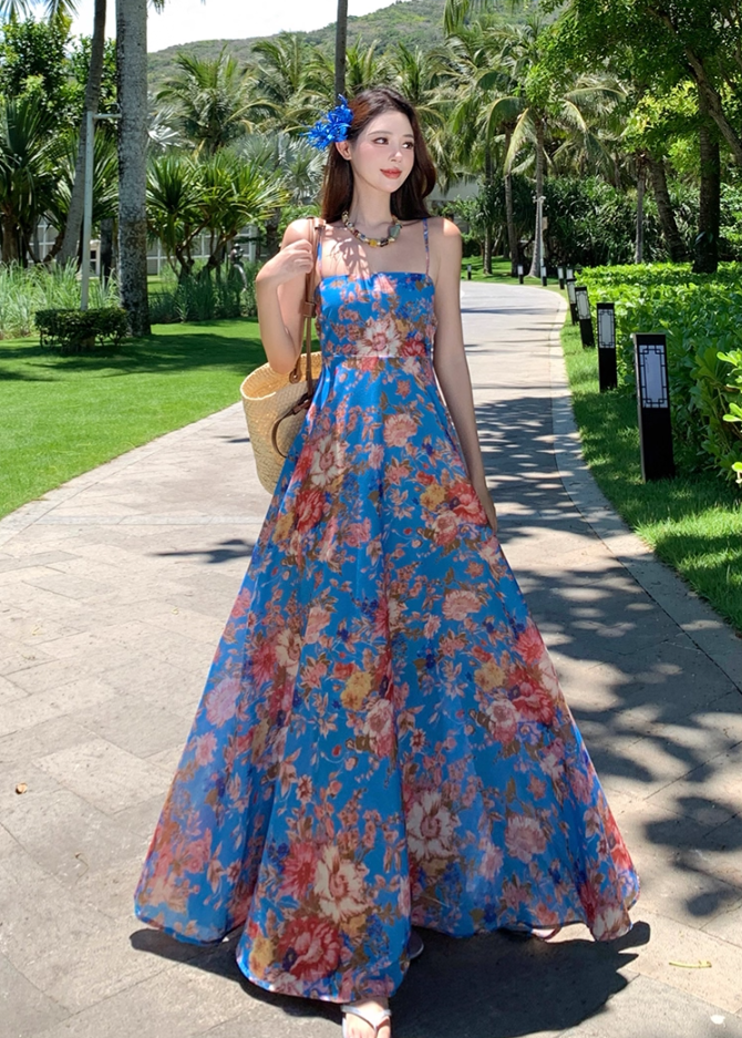 Gorgeous Spaghetti Strap A-Line Floral Print Maxi Dress Flowy Hem Cinched Waist Everyday Wear Long Dress AP3351