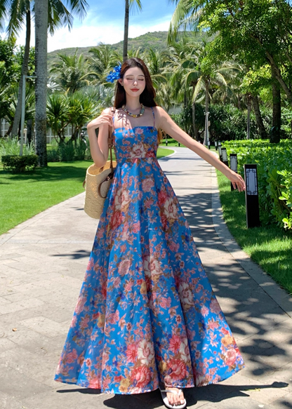 Gorgeous Spaghetti Strap A-Line Floral Print Maxi Dress Flowy Hem Cinched Waist Everyday Wear Long Dress AP3351