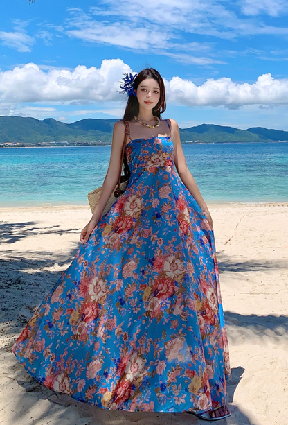 Gorgeous Spaghetti Strap A-Line Floral Print Maxi Dress Flowy Hem Cinched Waist Everyday Wear Long Dress AP3351