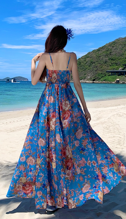 Gorgeous Spaghetti Strap A-Line Floral Print Maxi Dress Flowy Hem Cinched Waist Everyday Wear Long Dress AP3351