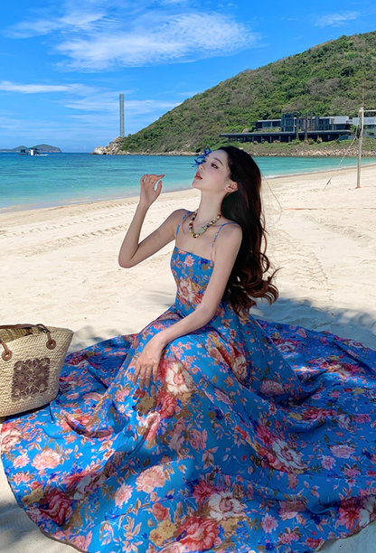 Gorgeous Spaghetti Strap A-Line Floral Print Maxi Dress Flowy Hem Cinched Waist Everyday Wear Long Dress AP3351