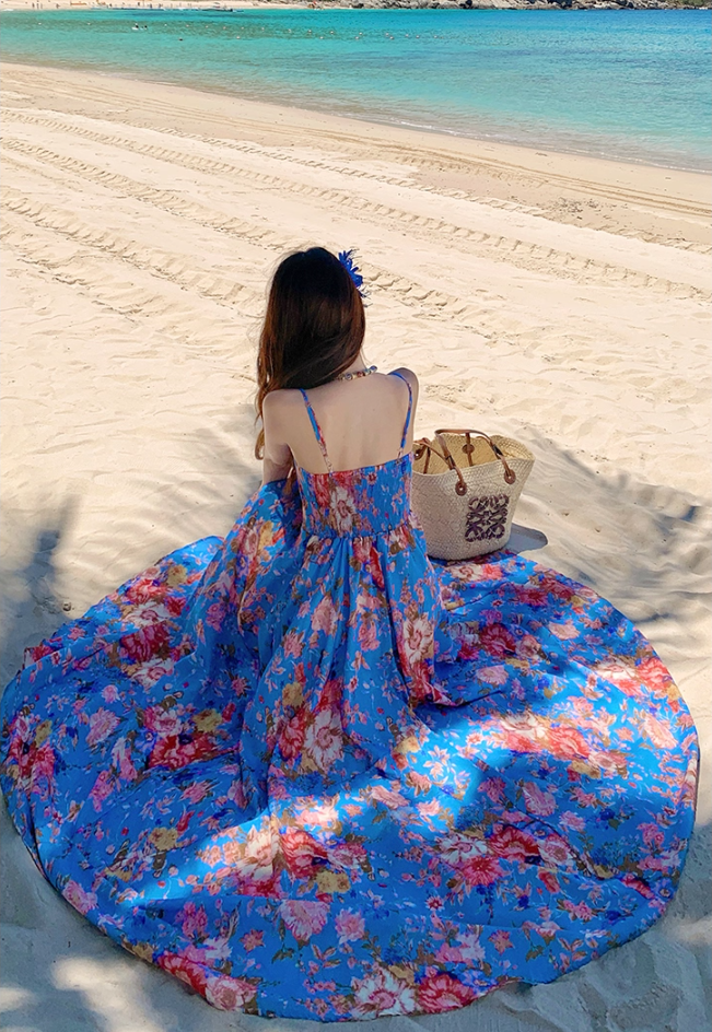 Gorgeous Spaghetti Strap A-Line Floral Print Maxi Dress Flowy Hem Cinched Waist Everyday Wear Long Dress AP3351