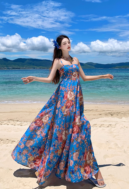 Gorgeous Spaghetti Strap A-Line Floral Print Maxi Dress Flowy Hem Cinched Waist Everyday Wear Long Dress AP3351