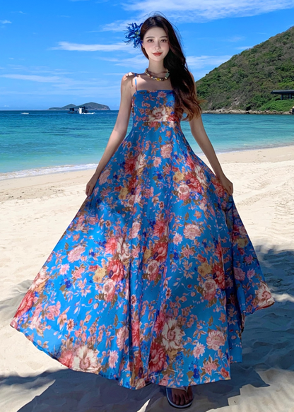 Gorgeous Spaghetti Strap A-Line Floral Print Maxi Dress Flowy Hem Cinched Waist Everyday Wear Long Dress AP3351